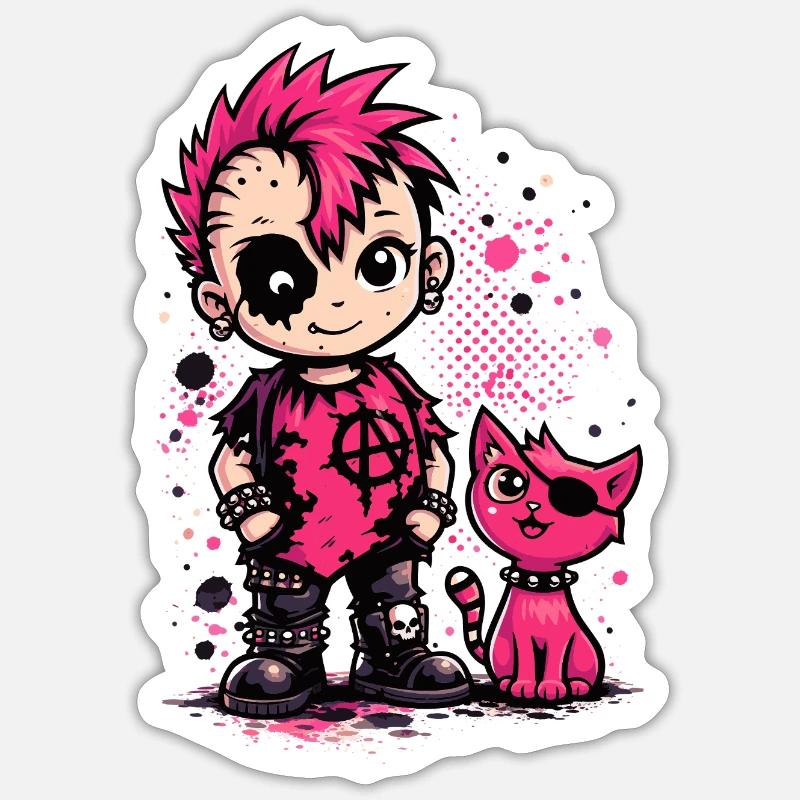 Punk Kid mit pinker Katze - Sticker Größe S (10 x 10 cm) - Mattweiß