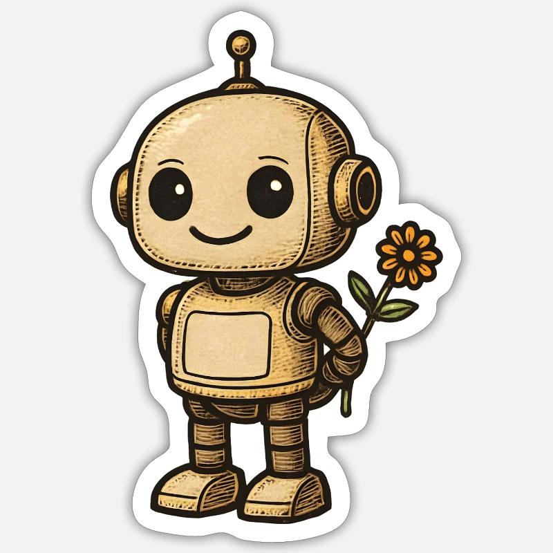 Robot rétro avec fleur - Sticker taille S (10 x 10 cm) - blanc mat