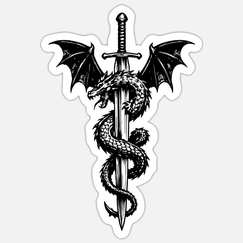 Blason médiéval avec dragon et épée - Sticker taille S (10 x 10 cm) - blanc mat