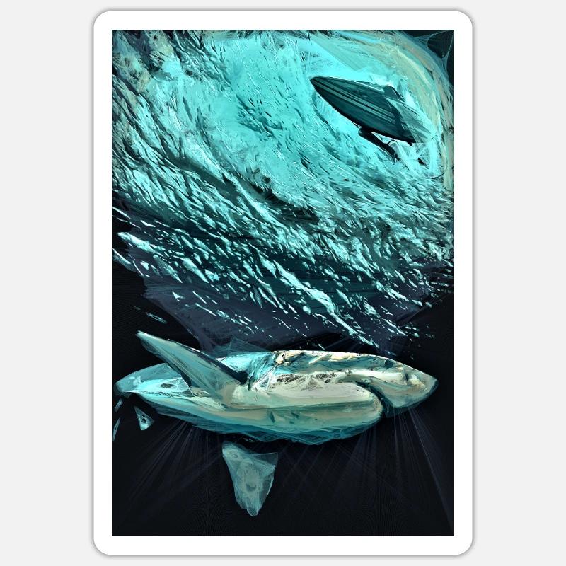 Dynamique des requins sous-marins turquoise - Sticker taille S (10 x 10 cm) - blanc mat