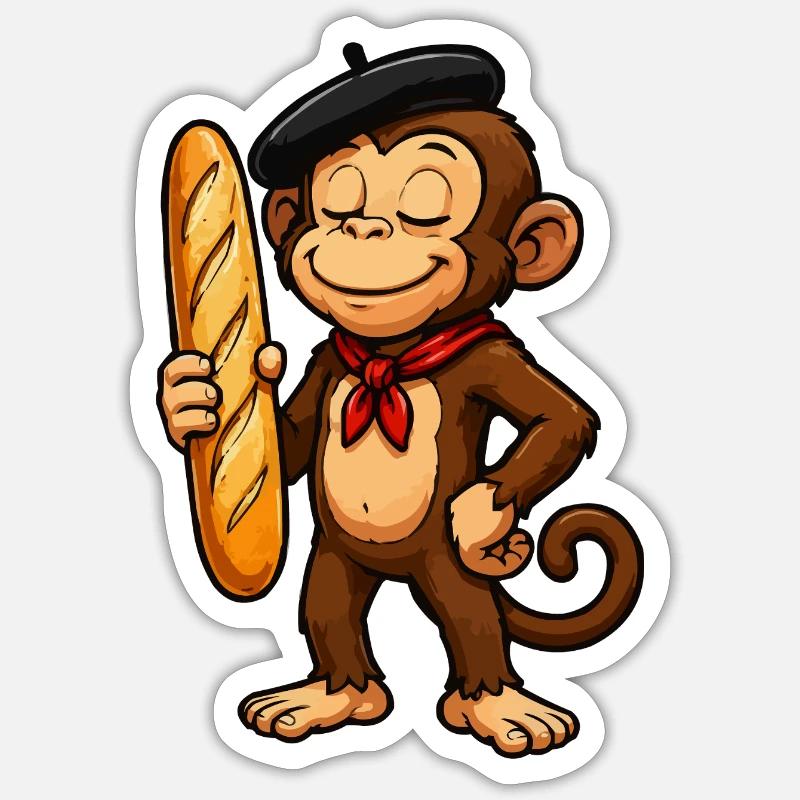 Baguette singe avec béret - Sticker taille S (10 x 10 cm) - blanc mat