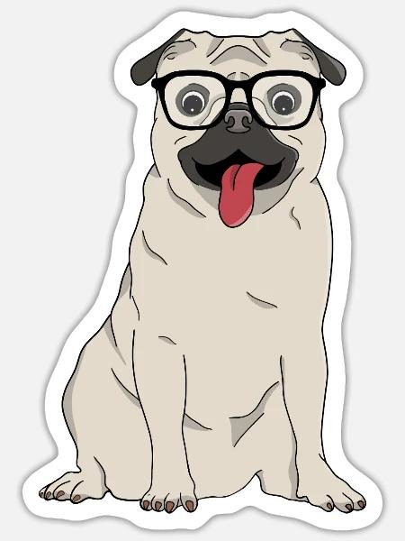 Lustiger Mops mit großer Nerd-Brille - Sticker Größe S (10 x 10 cm) - Mattweiß