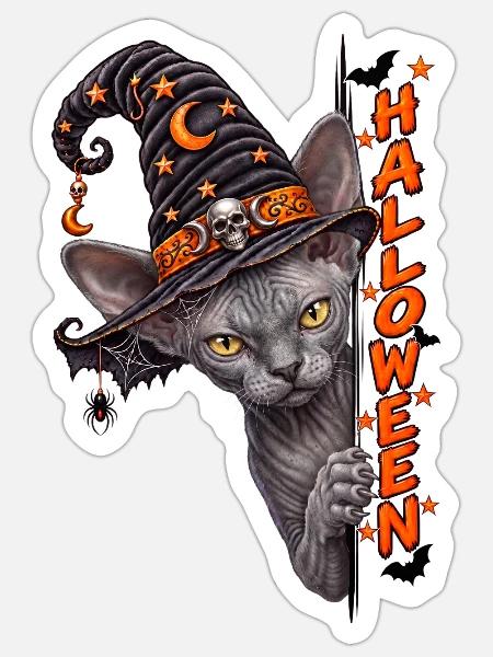 Sphinx Katze Hexenhut Halloween Design - Sticker Größe S (10 x 10 cm) - Mattweiß