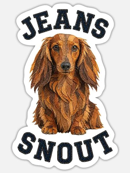 Roter Langhaardackel im Jeansflicken-Stil - Sticker Größe S (10 x 10 cm) - Mattweiß