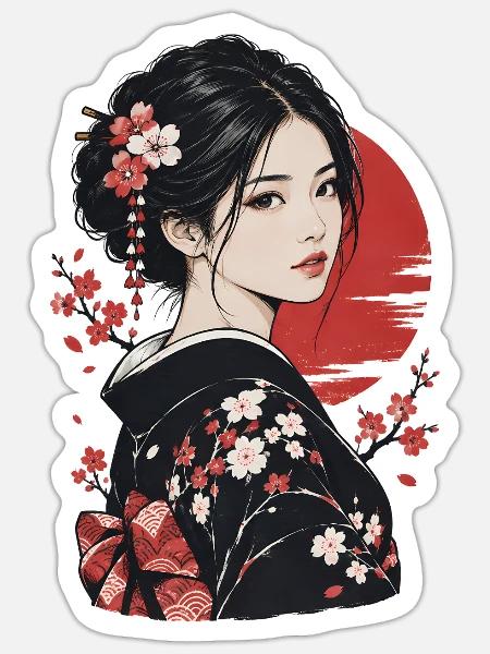 Kirschblüten Kimono Porträt - Sticker Größe S (10 x 10 cm) - Mattweiß