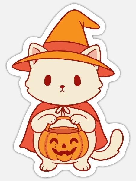 Kätzchen im Halloween Hexenhut - Sticker Größe S (10 x 10 cm) - Mattweiß