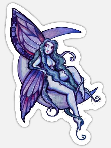 Mondbeschienene Fee auf dem Halbmond - Sticker Größe S (10 x 10 cm) - Mattweiß