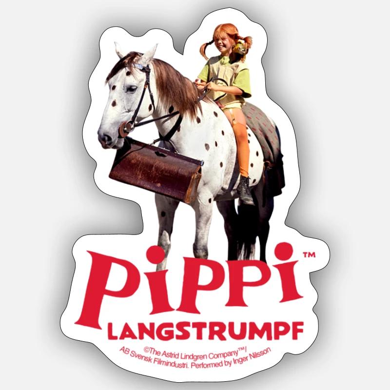 Pippi Calzelunghe Pippi cavalca il piccolo zio - Sticker formato S (10 x 10 cm) - bianco opaco