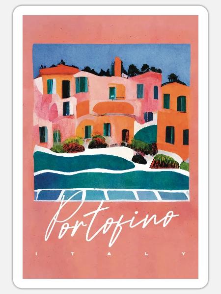 Portofino Architektur Retro Reiseplakat - Sticker Größe S (10 x 10 cm) - Mattweiß