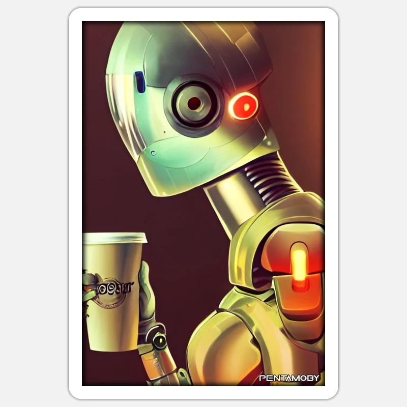Robot Coffee Future Science Machine - Sticker taille S (10 x 10 cm) - blanc mat