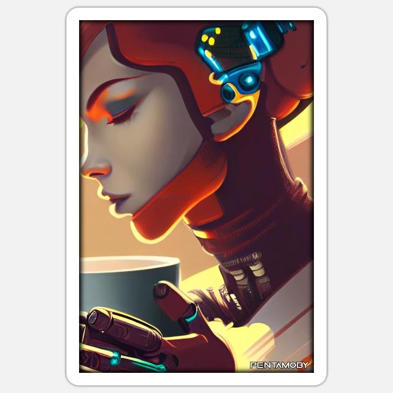 Robot Coffee Future Science Machine - Sticker taille S (10 x 10 cm) - blanc mat