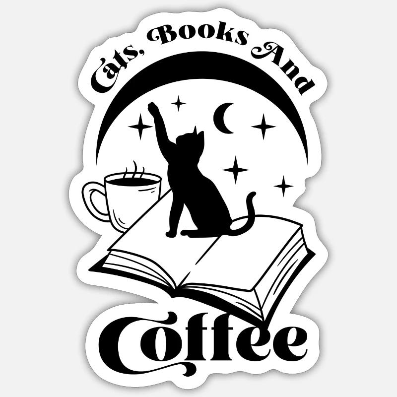 Katze, Buch und Kaffee - Sticker Größe S (10 x 10 cm) - Mattweiß
