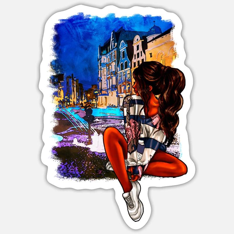 Rostocker Mädchen am Brunnen - Sticker Größe S (10 x 10 cm) - Mattweiß