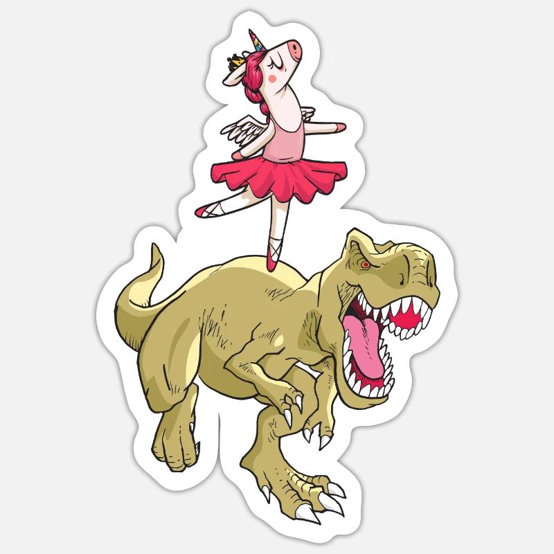 Einhorn reitet T-Rex - Sticker Größe S (10 x 10 cm) - Mattweiß