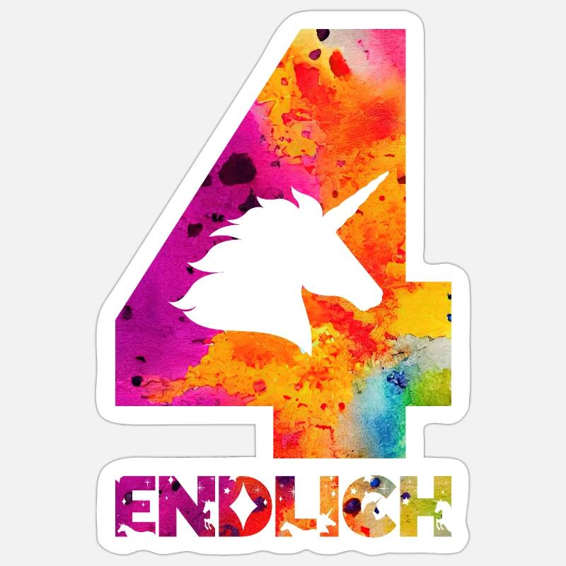 ENDLICH 4 EINHORN 4. GEBURTSTAG Sticker Größe S (10 x 10 cm)