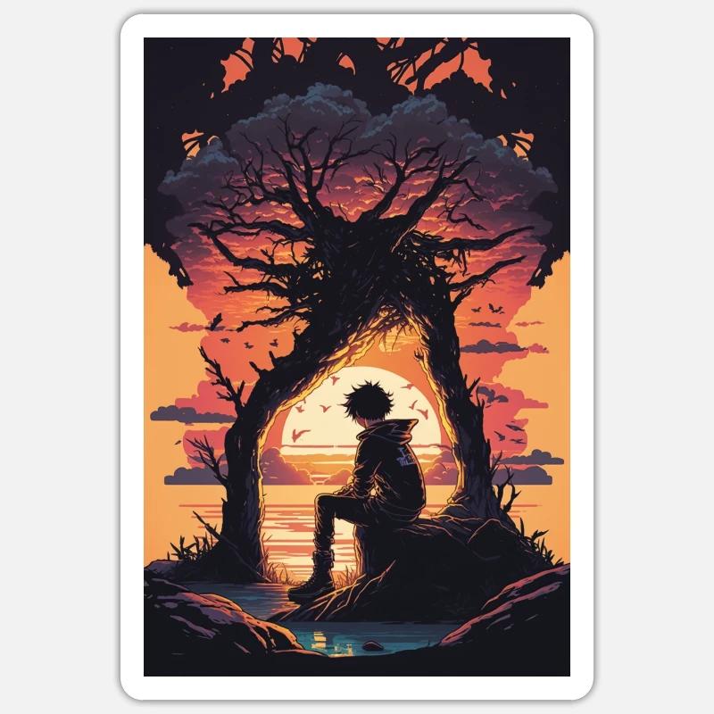 Garçon dans le cadeau du coucher du soleil - Sticker taille S (10 x 10 cm) - blanc mat