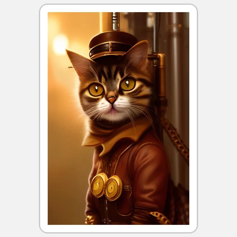 Chat Steampunk Style - Sticker taille S (10 x 10 cm) - blanc mat