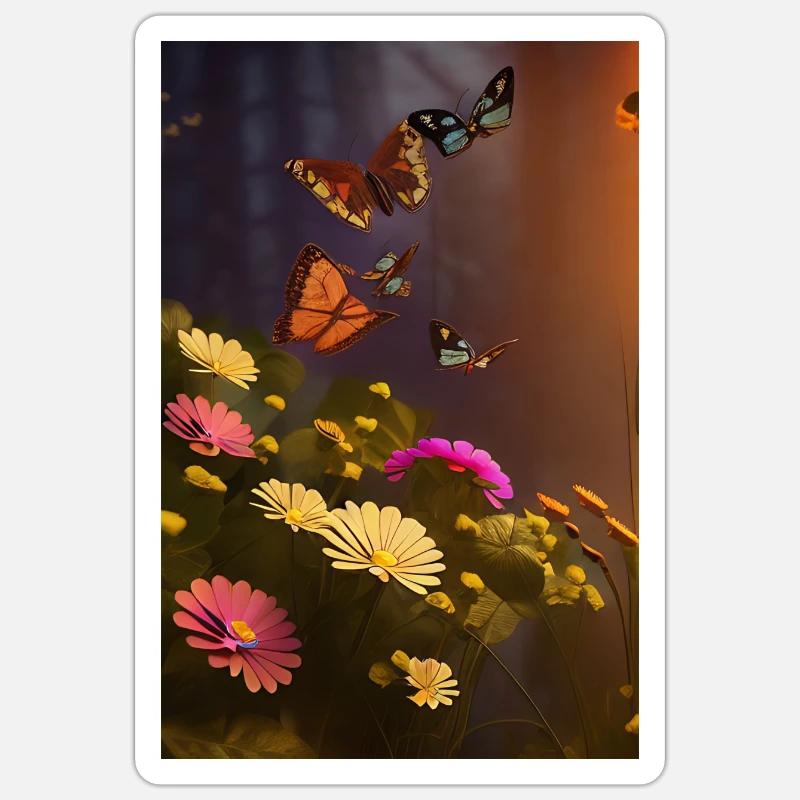 Fleurs et papillon - Sticker taille S (10 x 10 cm) - blanc mat