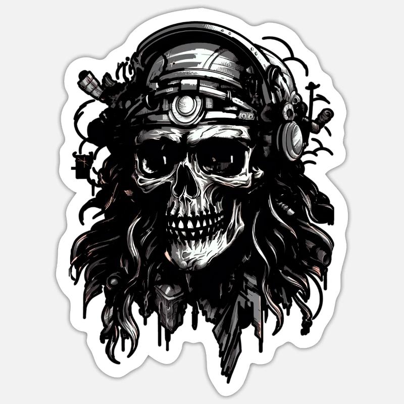 Helm Pilot Schädelkopf, Digitale Illustration, Sticker Größe S (10 x 10 cm)