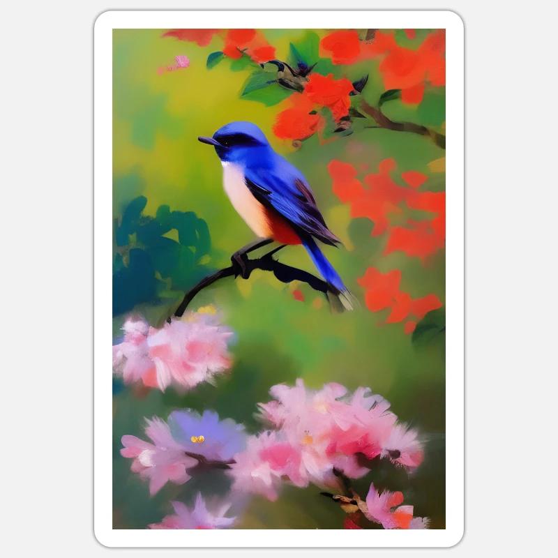 Oiseau sur branche avec fleurs - Sticker taille S (10 x 10 cm) - blanc mat