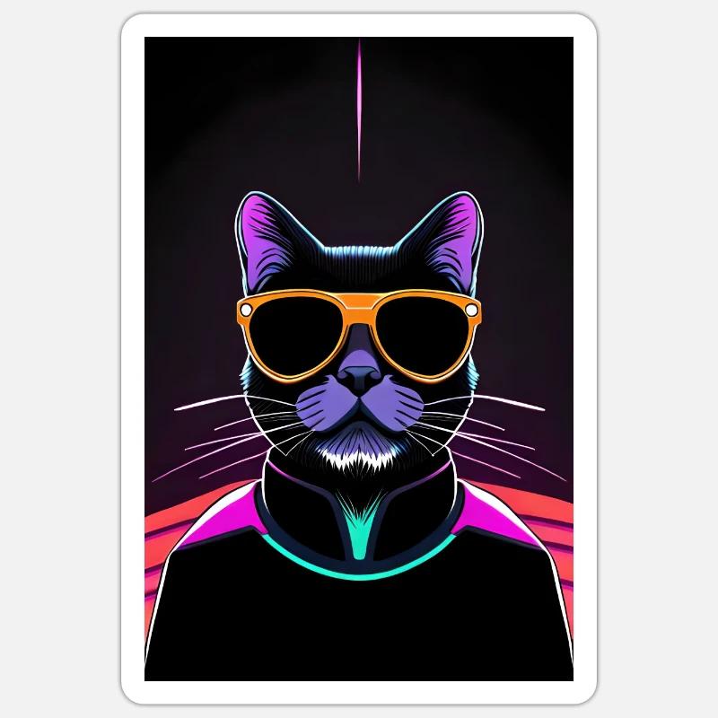 Chat Synthwave Noir Sticker taille S (10 x 10 cm)