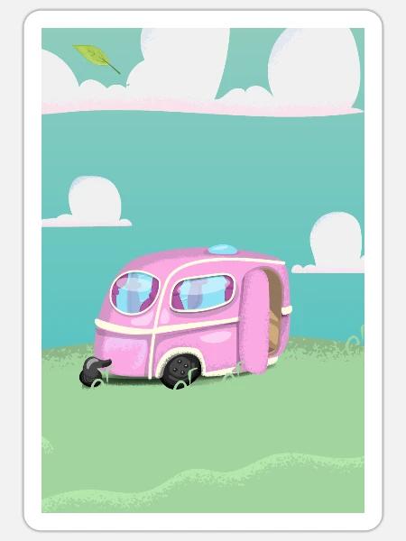 Pink Caravan Karikatur - Sticker Größe S (10 x 10 cm) - Mattweiß