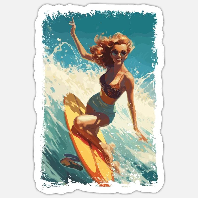 Retro Beach Babe - Surf Comic Design - Sticker taille S (10 x 10 cm) - blanc mat