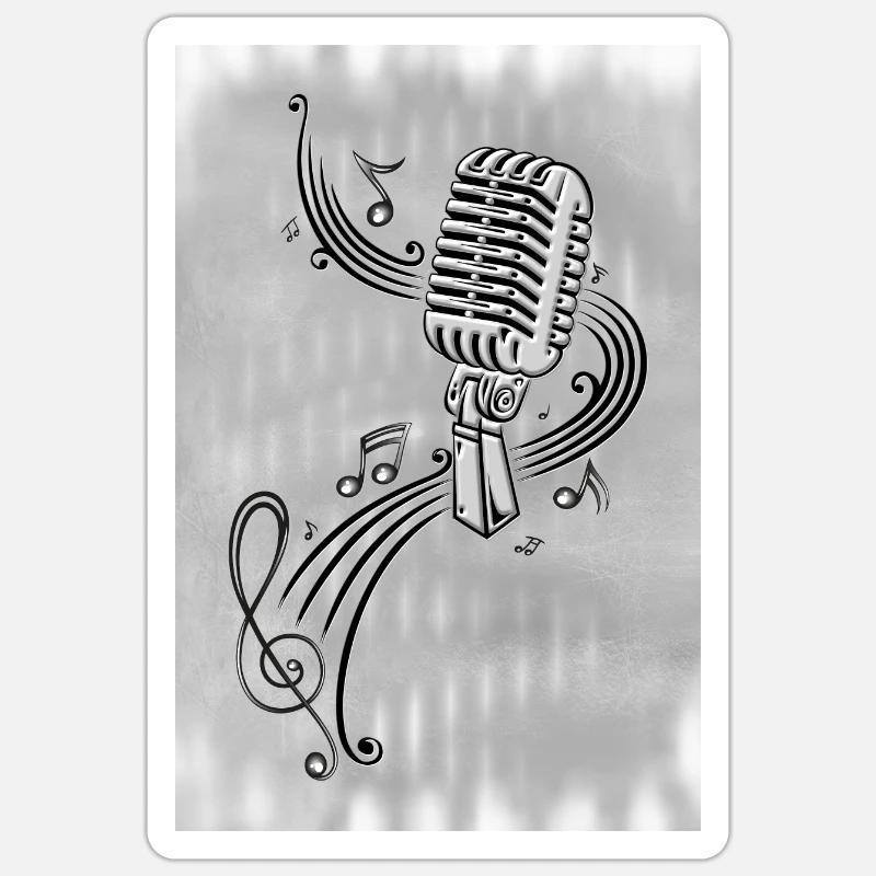 Microphone rétro avec micro en partition argent - Sticker taille S (10 x 10 cm) - blanc mat