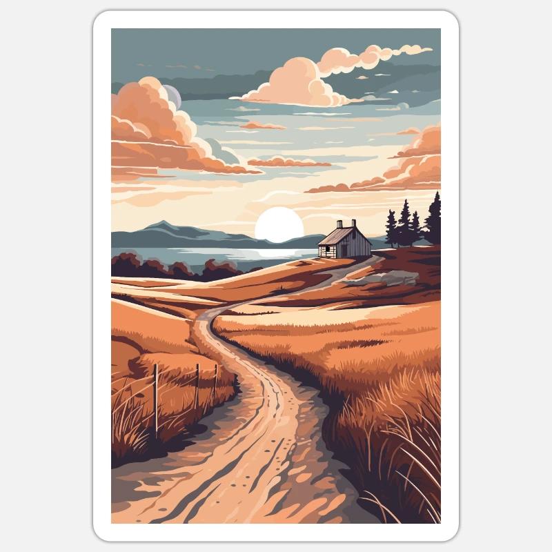 Paysage de chemin de terre Coucher de soleil - Sticker taille S (10 x 10 cm) - blanc mat