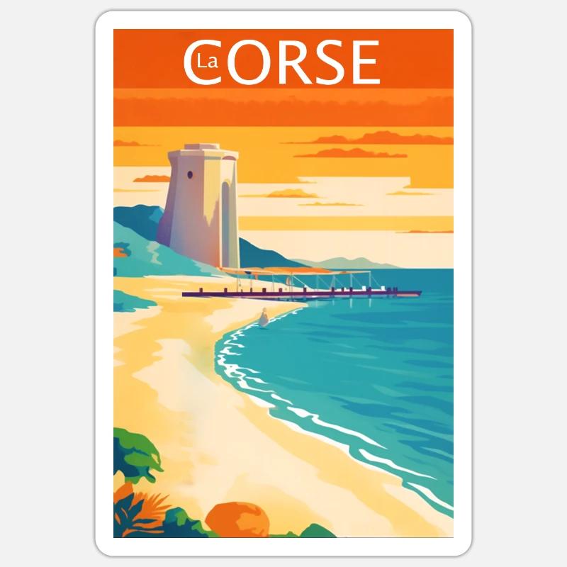 La Corse Plage rétro - Sticker taille S (10 x 10 cm) - blanc mat