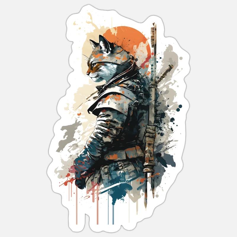 Cat Samurai Wearing Uniform Sticker size S (10 x 10 cm)