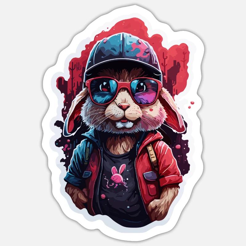 Lapin mignon, casquette de baseball, lunettes de soleil, pull, couleur - Sticker taille S (10 x 10 cm) - blanc mat