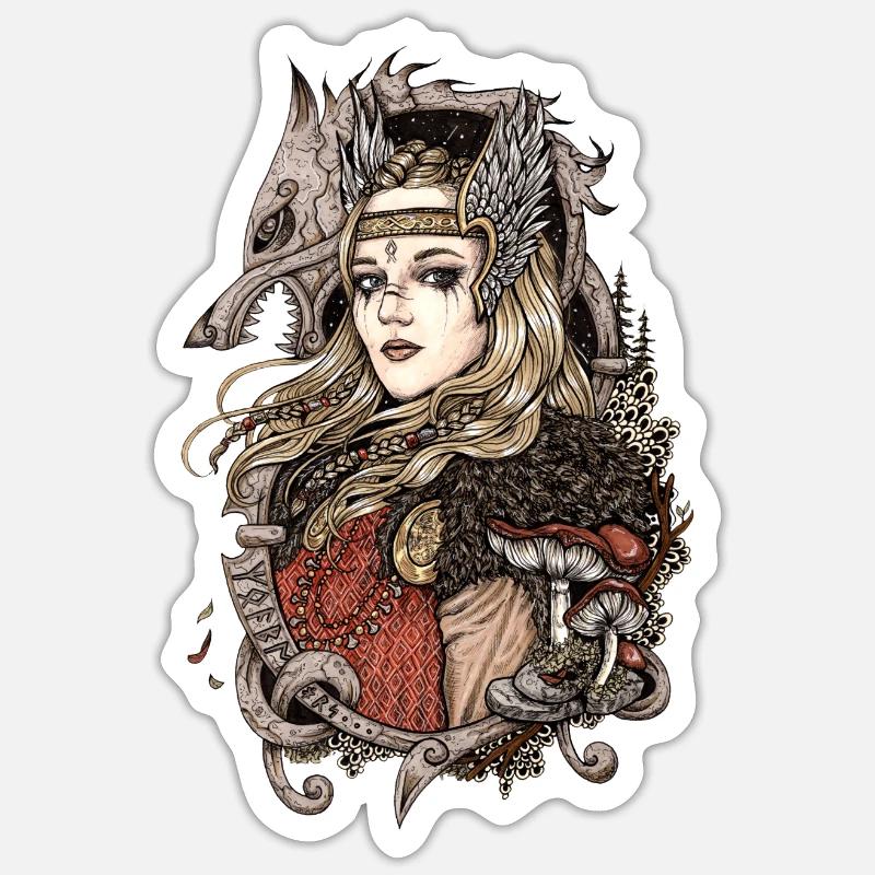 Walküre mit einem Wolf - Sticker Größe S (10 x 10 cm) - Mattweiß
