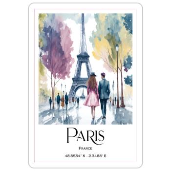 Couple se promenant à Paris à la Tour Eiffel - Sticker taille S (10 x 10 cm) - blanc mat - Devant