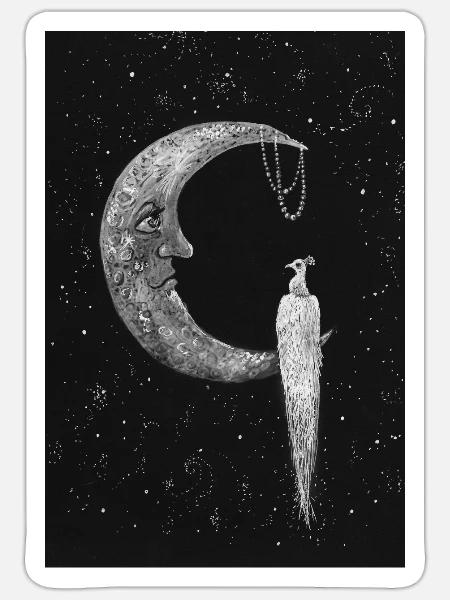 Der Mond und der Sternenpfau - Sticker Größe S (10 x 10 cm) - Mattweiß