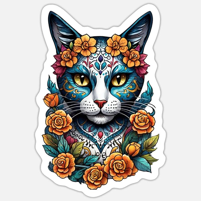 Katze Mexiko - Dia de los Muertos - Sticker Größe S (10 x 10 cm) - Mattweiß