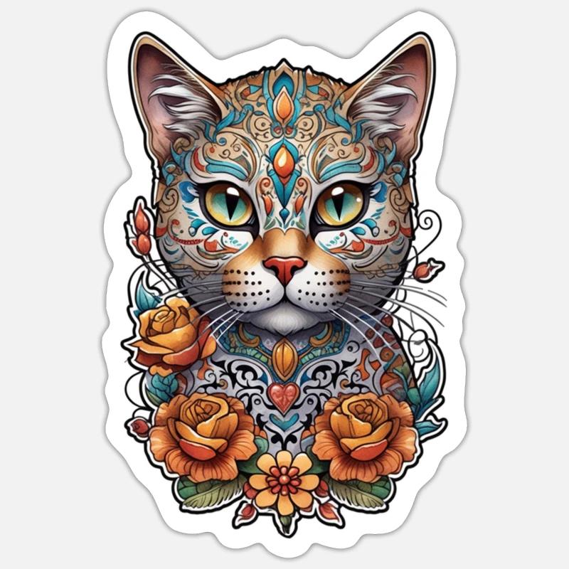 Katze Mexiko - Dia de los Muertos - Sticker Größe S (10 x 10 cm) - Mattweiß