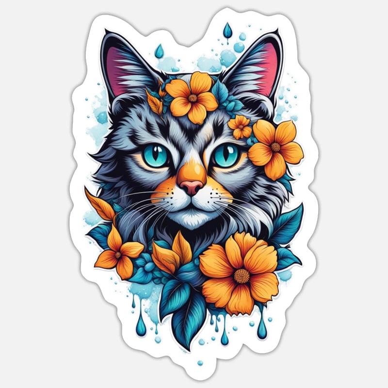 chat et fleur aquarelle - Sticker taille S (10 x 10 cm) - blanc mat