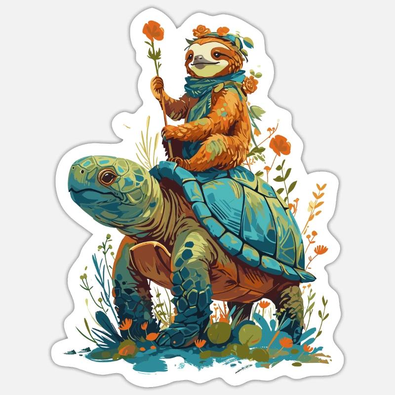 Sloth rides turtle - Sticker size S (10 x 10 cm) - white matte