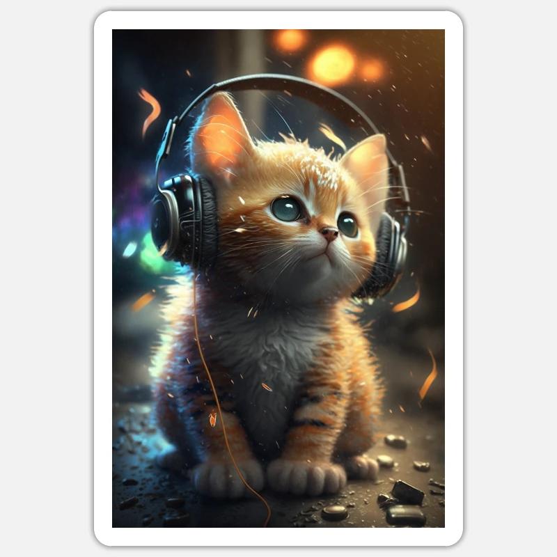 Katze mit Kopfhörer - Sticker Größe S (10 x 10 cm) - Mattweiß