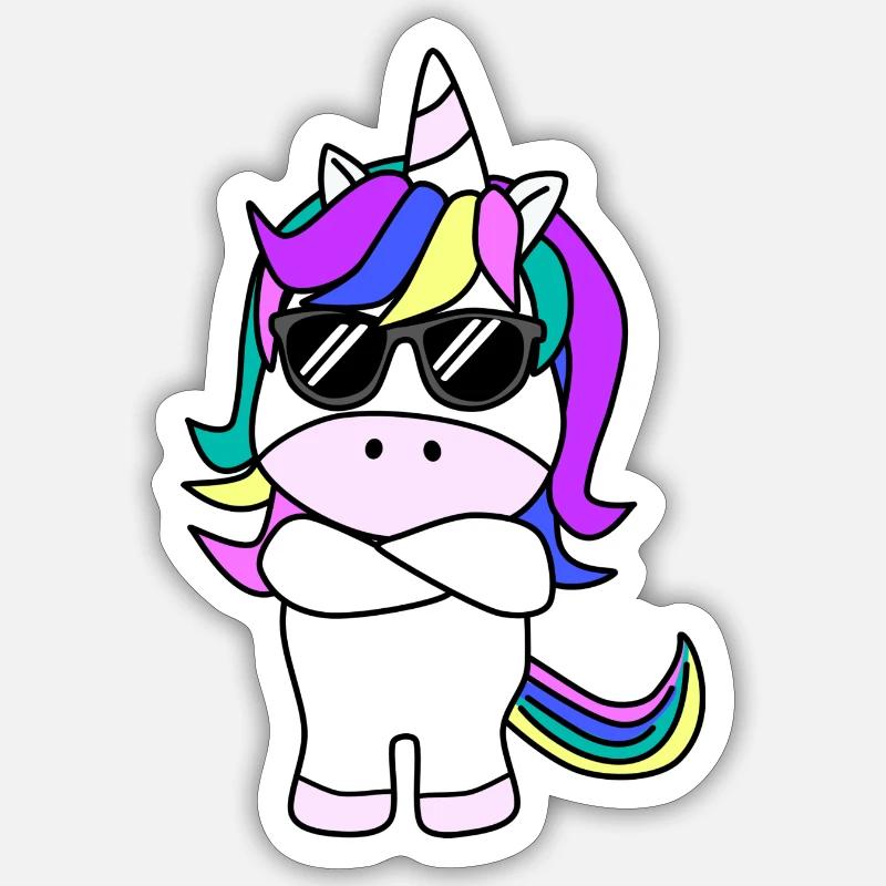 cooles Einhorn mit Sonnenbrille// Arme verschränkt - Sticker Größe S (10 x 10 cm) - Mattweiß