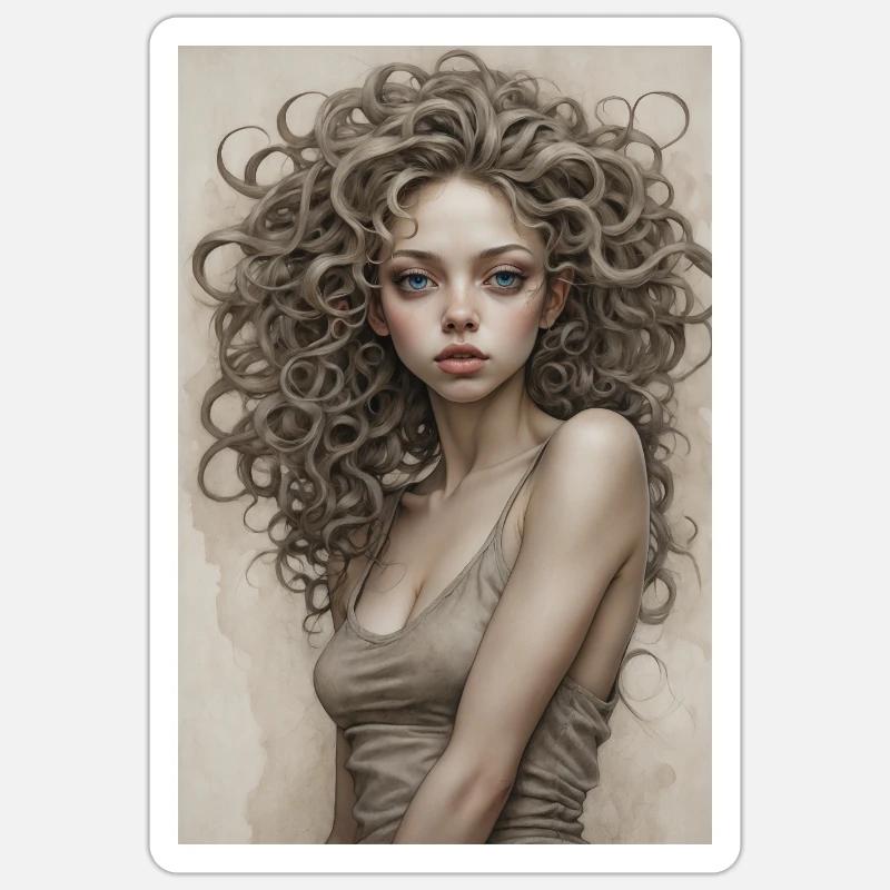 Mädchen mit Locken - Sticker Größe S (10 x 10 cm) - Mattweiß