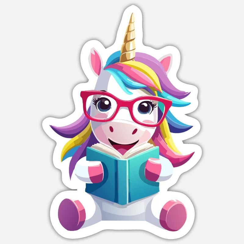 Süsses Einhorn mit Buch und Brille - Sticker Größe S (10 x 10 cm) - Mattweiß