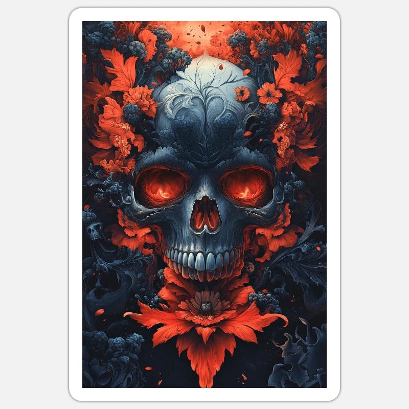 Blutrote Blüten Schädelkunst - Sticker Größe S (10 x 10 cm) - Mattweiß
