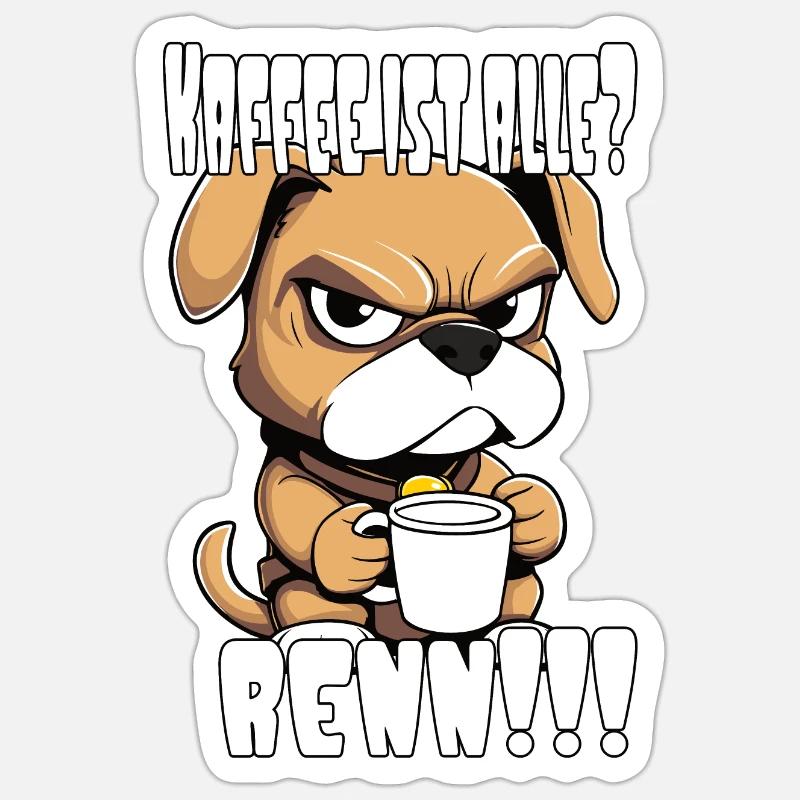 Hund mit leerer Kaffeetasse, renn! - Sticker Größe S (10 x 10 cm) - Mattweiß