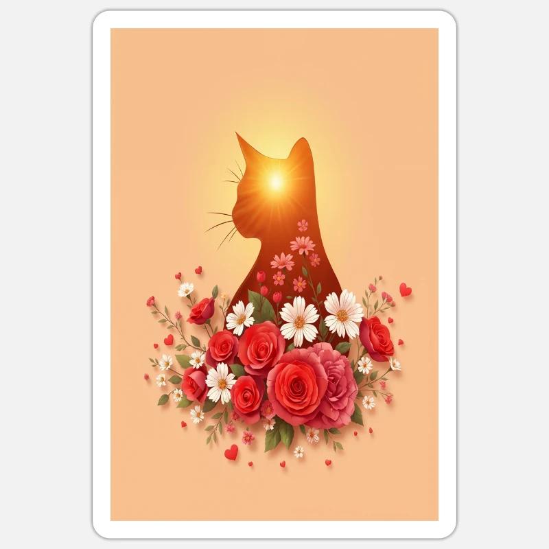 Cat with roses - Sticker size S (10 x 10 cm) - white matte