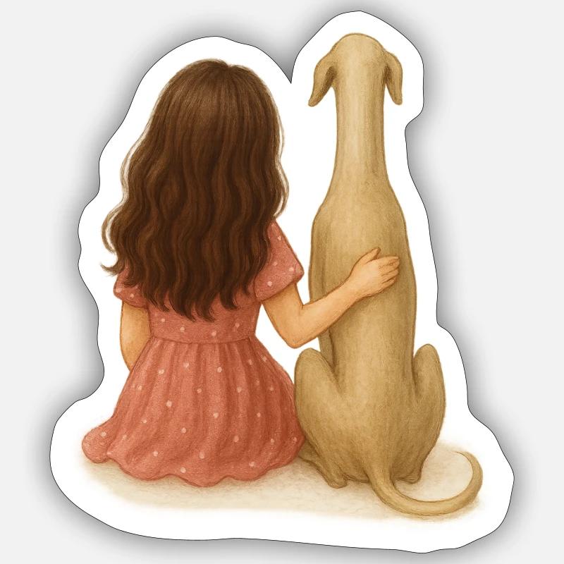 Kleines Mädchen mit Windhund – Aquarell - Sticker Größe S (10 x 10 cm) - Mattweiß