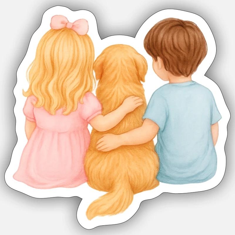 Zwei Kinder mit Golden Retriever –Junge Mädchen - Sticker Größe S (10 x 10 cm) - Mattweiß