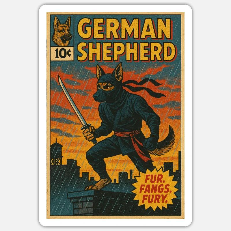Couverture de bande dessinée Ninja German Shepherd Sticker taille S (10 x 10 cm)