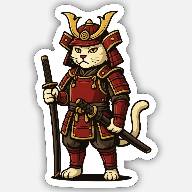 Cat, Samurai, Comic Style, Vector, Animal Drawing, Sticker size S (10 x 10 cm)